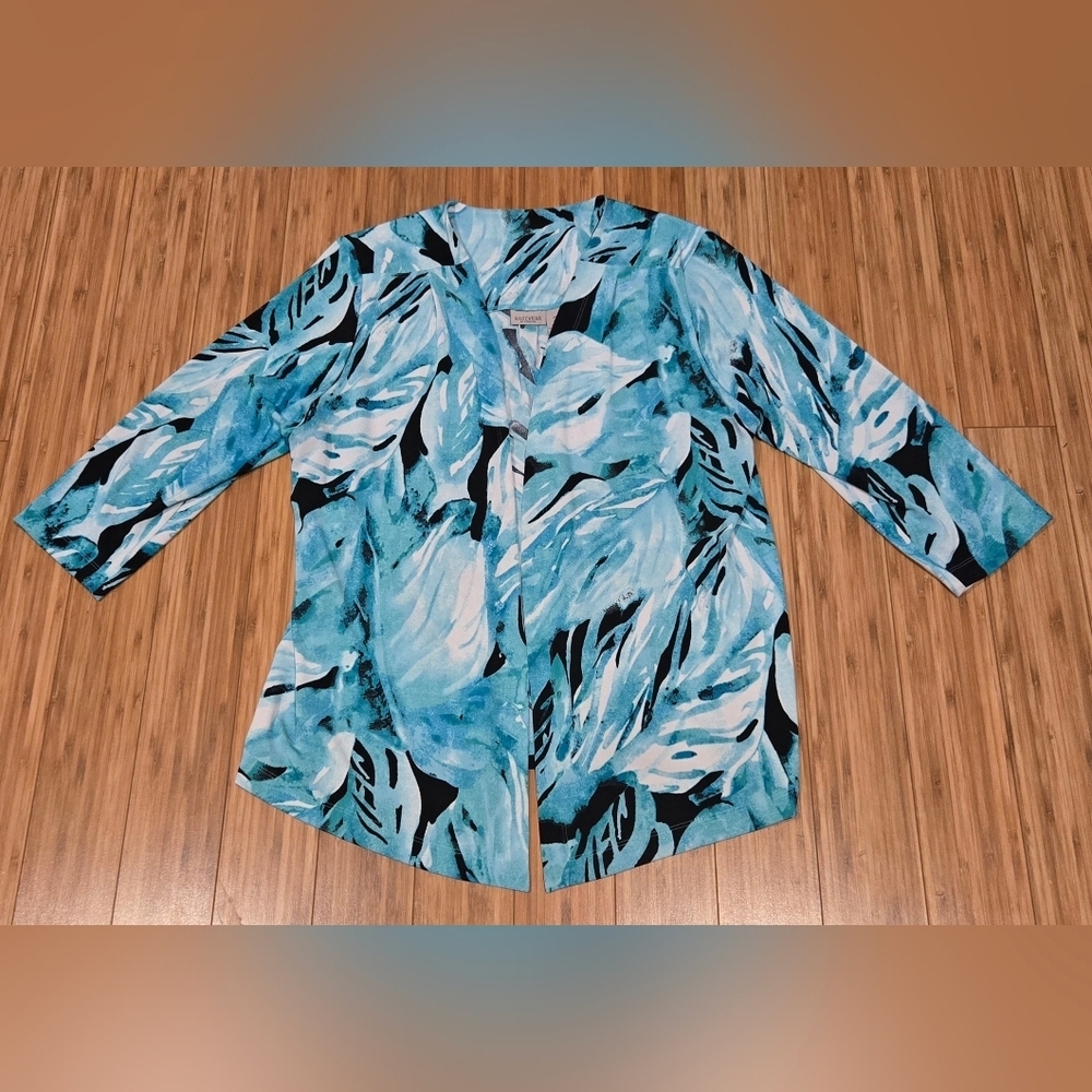 Chicos Easywear Aqua Blue Print Open-Front Jacket